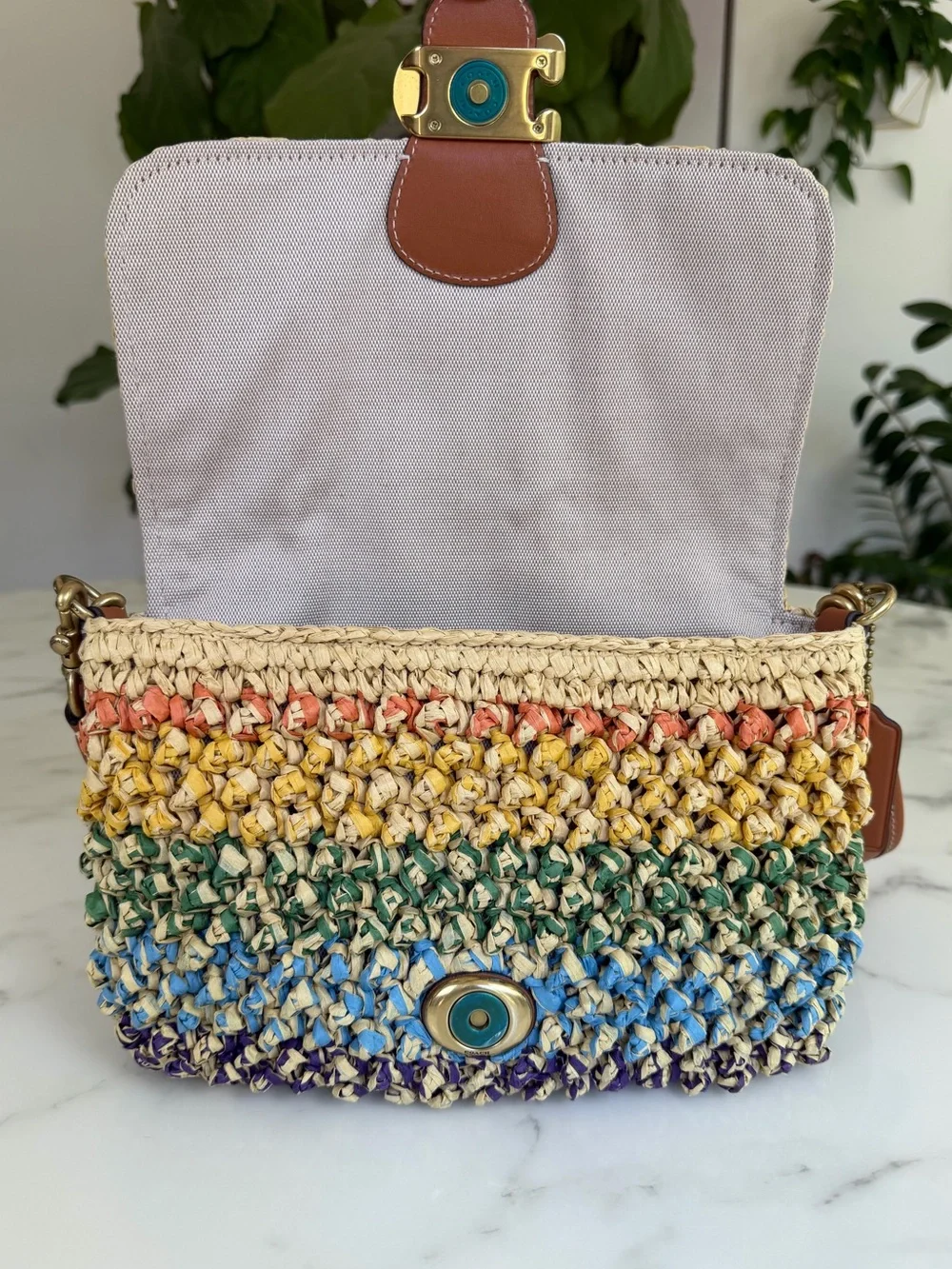 NWOT Coach Soft Tabby Shoulder Crossbody Bag Rainbow Woven Straw & Leather CJ640 - Picture 11 of 16